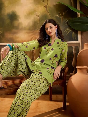 Image of EthnicJunction Women's Linen Floral Print Summer Wear Straight Short Kurti With farshi Salwar Set | Kurta Pant Set | Office wear Kurta Set | farsi salwar suit | raksha bandhan gift dress for women