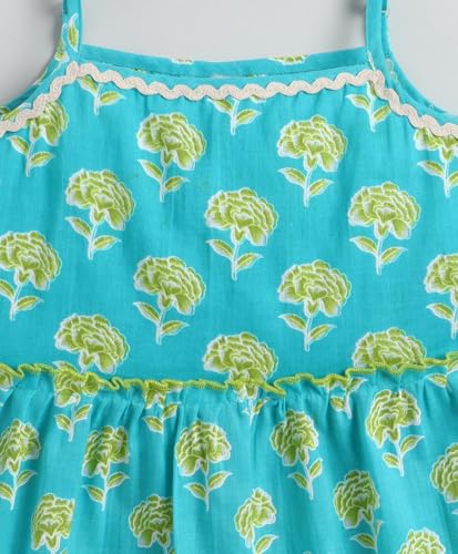 Image of The Magic Wand Kids Girls Printed Casual Dresses, Knee Length Singlet Strap Fit & Flared Cotton Once Piece Stylish Frocks for Summer Season