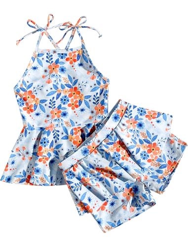 IBTOM CASTLE Girls Swimsuit Sleeveless Floral Print Top + Shorts 2 Pieces Set Tankini Bathing Suit Tween Swimwear Blue 9-10 Years