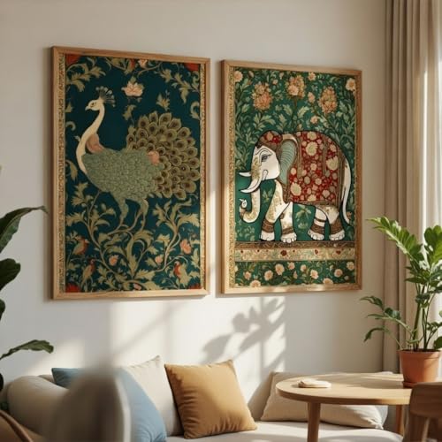 Image of Livin'luxe Set of 2 Peacock and Elephant Wall Art Premium MDF Wooden color Color Framed HD Sparkle Lamination Printed Traditional Indian Painting for Living Room Bedroom Home Decor