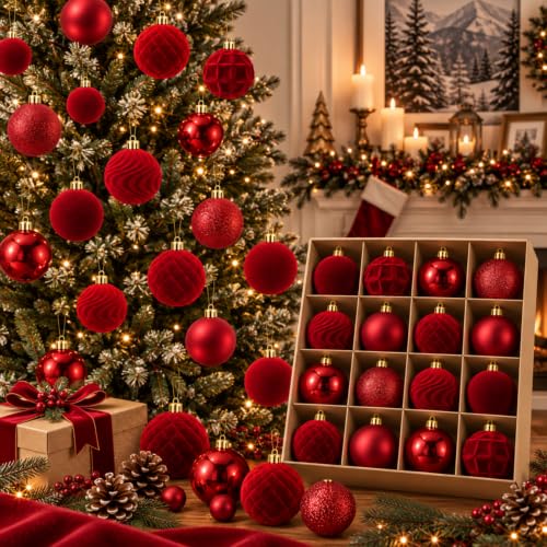 Hollowfly 56 Pcs Red Velvet Christmas Balls Ornaments Set