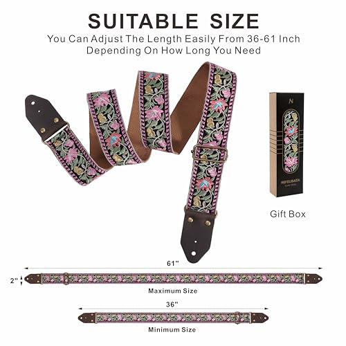 Image of Nefelibata Guitar Strap,Jacquard Embroidery Cotton Guitar Straps with Crazy Horse Leather Ends for Bass, Electric & Acoustic, Best Gifts for Guitarists(Elegant Pink Flower Embroidery)