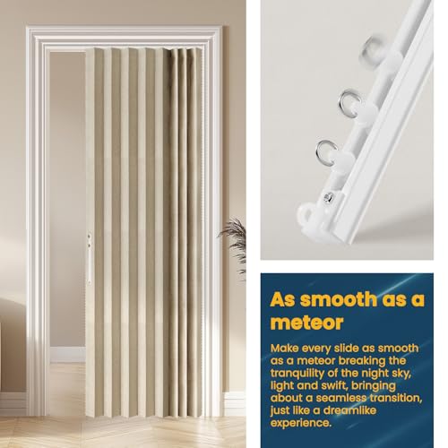 Image of AJAZZ 100% Blackout Magnetic Accordion Panel - Invisible Folding & Sliding Glass Cover for Bedroom, Living Room, Doorway - Curtain Sets Includes Tracks (1 Panel, 43W x 79L, Cream Yellow)