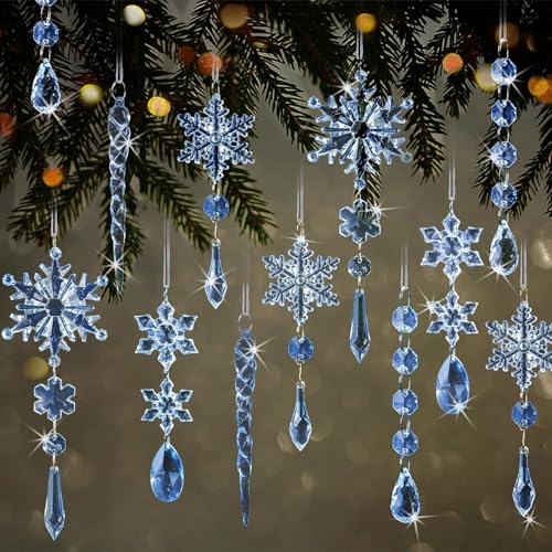 18pcs Christmas Ornaments for Christmas Tree Decorations Light Blue Hanging Acrylic Snowflake and Icicle Ornaments with Drop Pendants