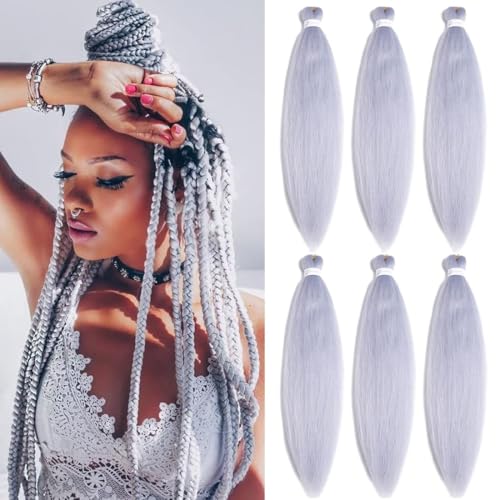 Pre Stretched Braiding Hair Silver Braiding Hair Extensions For Braids 26 Inch 6 Packs Yaki Textured Crochet Synthetic Hot Water Setting Crochet Extensions (26 Inch