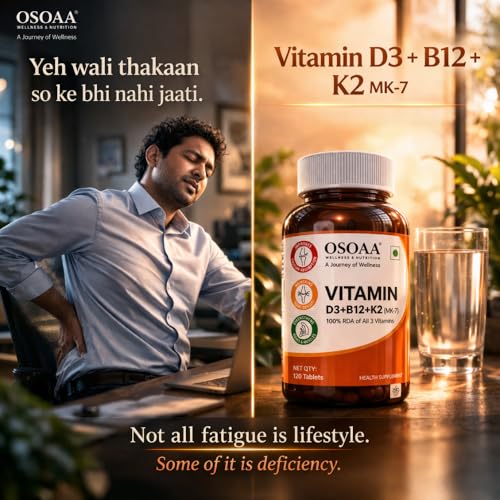 Image of OSOAA Vitamin D3 K2 MK7 Supplement - 60 Tablets | Vitamin D3 (600 IU) | Promotes Calcium Absorption, Bone Health, Muscle Strength & Immunity | Plant Based- Lichen Source