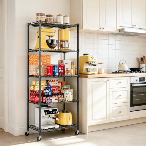 Image of REGILLER 5-Wire Shelving Metal Storage Rack Adjustable Shelves,Standing Storage Shelf Units for Laundry Bathroom Kitchen Pantry Closet(Black,11.8 inch D x 21.2 inch W x 55 inch H,With Wheels)