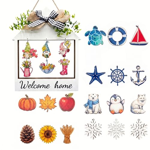 Image of ZYZX Interchangeable Welcome Home Sign, Wooden Hanging Ornament with 24 Seasonal Icons for Front Door, Wall and Desktop, Farmhouse Décor