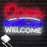 Walk-ins Welcome Open Neon Sign for Business, LED Dimmable Neon Light with Adapter, 16.5