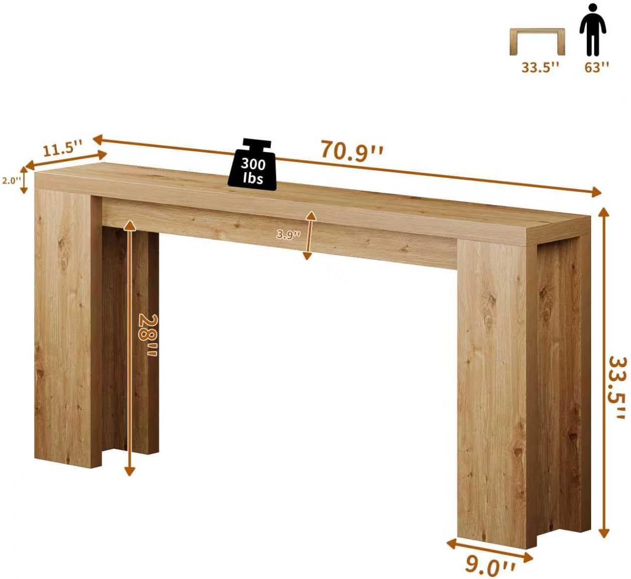 70.9 Inch Extra Long Console Table, Farmhouse Entryway Table with Thickened Base, Wood Sofa Table Behind Couch Table, Narrow Entryway Accent Table for Living Room, Hallway, Entrance, Foyer, Brown