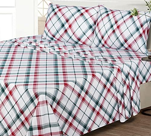 Ruvanti 100% Cotton 3 Pcs Flannel Sheets Twin, Deep Pocket, Warm, Super Soft, Breathable, Moisture Wicking Twin Sheet Set, Bed Sheets Include Flat, Fitted Sheet, 1 Pillowcase - Red & Green Cross Plaid