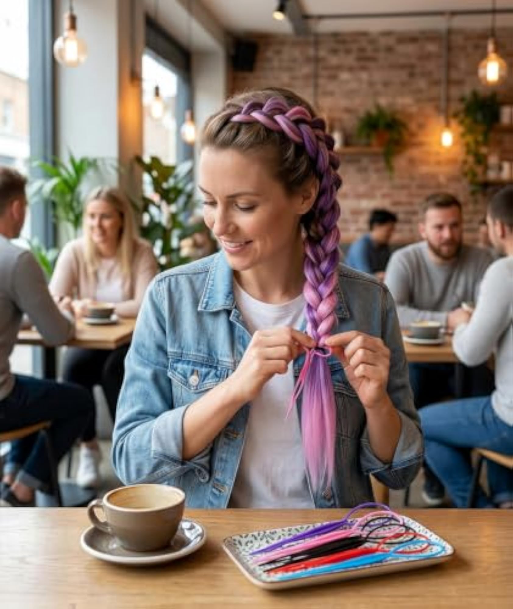 4pc Purple Hair Extensions Set with Braider Tool for Women