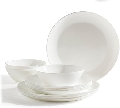 Tabletops Gallery 12 Piece Coupe Opal Glass Dinnerware Set, White, Kitchen Dinnerware Set, Microwave Dishwasher Safe, Plates, Bowls, Service for 4