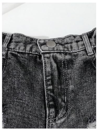 Floerns Short jeans feminino rasgado com cintura elástica e perna reta com bolsos, Cinza escuro, 9 A