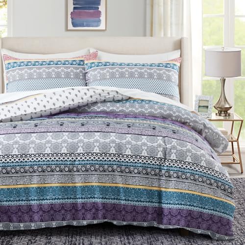 LYJKLST Housse de Couette Style bohème 3 Pièces 280 x 240 cm avec 2 Taies d'oreiller 65x65 cm Bleu, Gris, Violet, Noir et Blanc Motifs Parure de Lit 280 x 240 cm Douce...