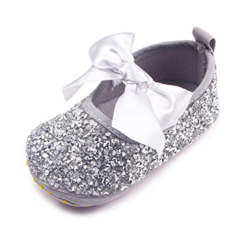 Baby Girls Mary Jane Flats Sparkly Bow Diamonds Princess Dress Shoes Anti-Slip Infant Crib Shoes (6-12 Months Toddler, Silver)