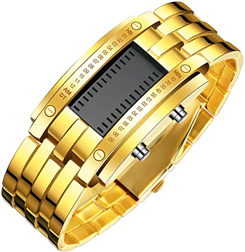 Gosasa Men's LED Digital Wrist Watch - Futuristic Binary Display Stainless Steel Bracelet Watch, Waterproof Tech Style Timepiece for Casual & Fashion Wear (Gold)