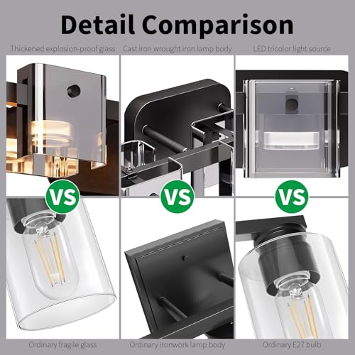 Image of 20.8 inch Modern Black Bathroom Vanity Light 3 Light Bathroom Light fixtures Cordless LED Vanity Light, 3000K /4000K /6000K Adjustable Wall Light with Smoke Gray Glass for Restroom,Bedroom,Kitchen