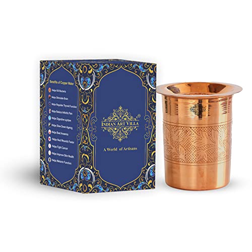 Indian Art Villa Embossed Design Copper Glass Tumbler with Lid, Drinkware Set, 300 ml