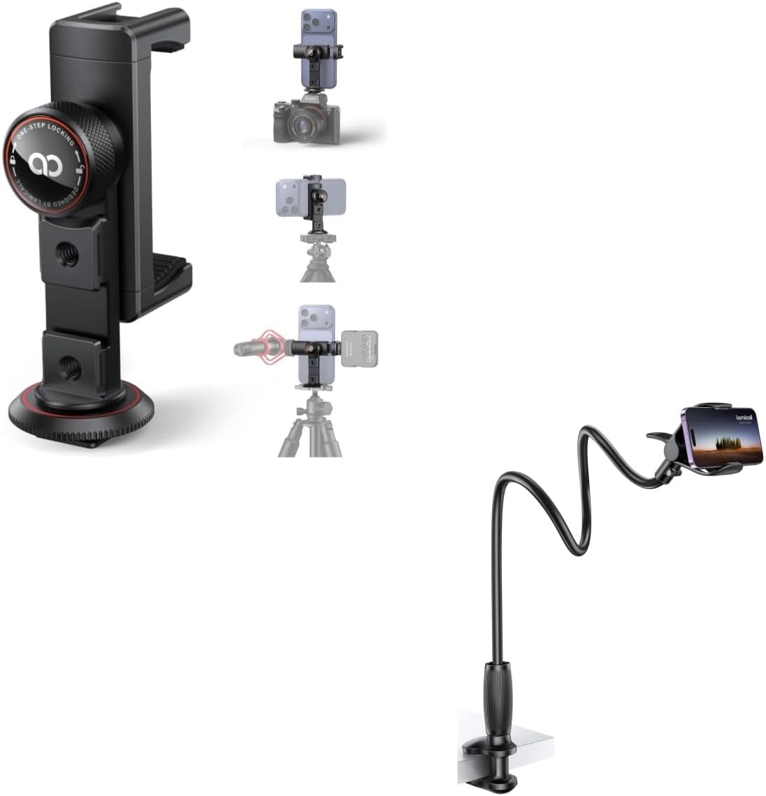 Lamicall 3-in-1 Aluminum Phone Tripod Mount + Gooseneck Phone Holder for Bed