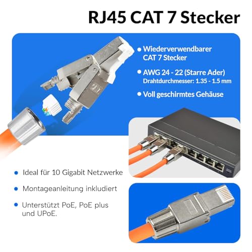 4. Bild von VESVITO 4x CAT 7 RJ45 Stecker 10 GBit/s Netzwerkstecker werkzeuglos PoE für CAT8 CAT7A CAT7 CAT6A Netzwerkkabel, Verlegekabel, Installationskabel, AWG 22-24, LAN Kabel Crimpstecker