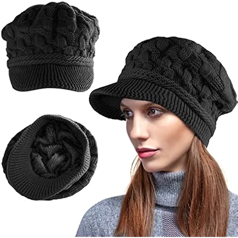Sibba Damen Mode Gestrickte Barett Mütze Baskenmütze Winter Strickmütze Fleece Innerhalb Beanie Dick Futter Warme Weiche Hüte Wolle Gestrickt Schirmmütze Caps Baseballmütze Kappe Geschenkset Schwarz Cover