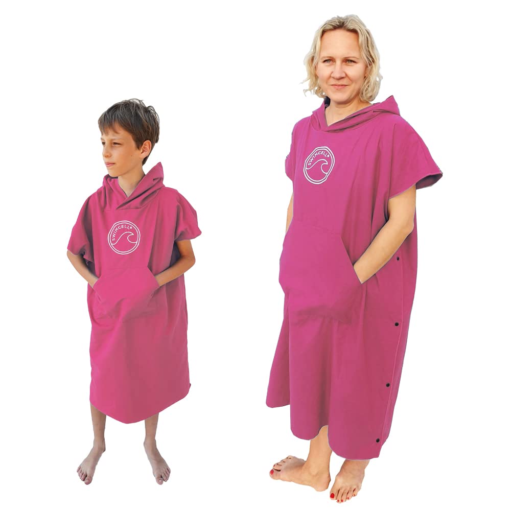 SwimCell Peignoir à langer en microfibre – Poncho léger (taille L, rose) | Serviette de surf à séchage rapide avec capuche et poche – S'ouvre en une grande serviette de plage. Pour femmes