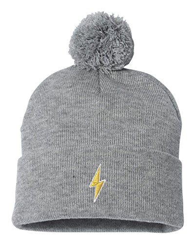 One Size Heather Grey Pom Lightning Bolt Embroidered Knit Beanie Pom Cap