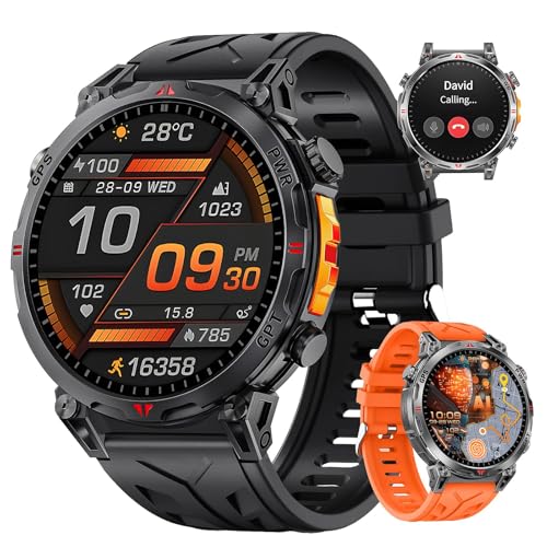 Rmana Military Smart Watches for Men GPS, 1.56" AMOLED Screen Bluetooth Call, Smartwatch for Android Phones and iPhone, 100+ Sport Modes, 3ATM Waterproof Smart Watch with Compass(Black & Orange)