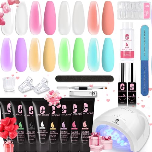 Clara Colors Polygel Extension Gel Nail Kit - 8 Colors Polygel Nail Kit with 48W Power Nail Lamp Nude Clear White Pink All In One Polygel Nail Kit Starter Kit for Beginners with Slip Solution and Tool