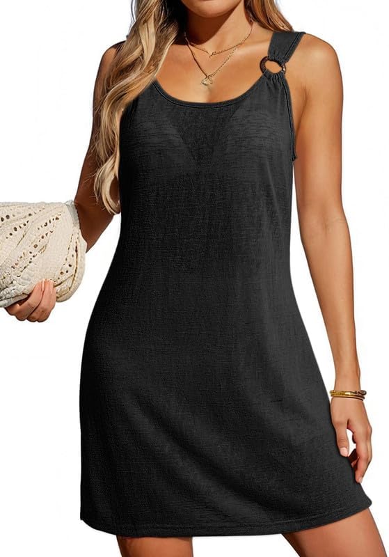 Dokotoo Swimsuit Coverup for Women Scoop Neck Sleeveless Sheer Beach Dresses Side Slit Vacation Bathing Suit Cover Up