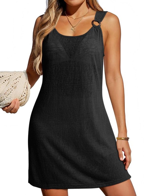 Dokotoo Swimsuit Coverup for Women Scoop Neck Sleeveless Sheer Beach Dresses Side Slit Vacation Bathing Suit Cover Up