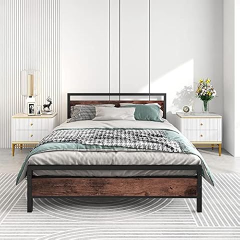 JURMERRY Queen Size Metal Platform Bed Frame with Wooden Headboard and Footboard Heavy Duty Steel Support, Mattress Foundation, No Box Spring Needed, Easy Assembly, Black RB Cover