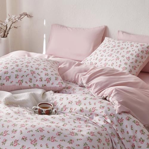 Wake In Cloud – Coquette Duvet Cover Set, Floral Cottagecore Flower Shabby Chic Cute Aesthetic, Soft Lightweight Bedding for Women Teen Girls, 3-Piece, Pink, Full Size