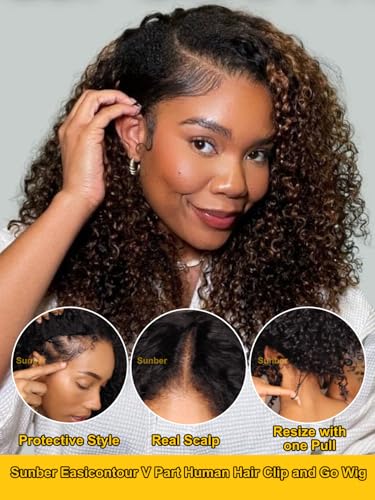 Image of EasiContour V Part Human Hair Ombre Chestnut Brown Curly Glueless Wig Upgrade Vpart Wigs No Leave Out No Gel 180% Density V Shape Clip Wigs No Sew in Ready to Go Beginner Friendly 24Inch