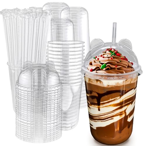 Qsqwsuye 16oz 50 Set Disposable Plastic Cups with Dome Lids and Straws Clear Iced Coffee Cups with lids Round Bottom Plastic Cup for Milkshakes Juice Beverages Holiday Party Outdoor Picnic Supplies