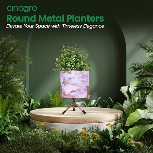 Image of CINAGRO Metal Flower Vase Planter Pot with Iron Stand, Pots for Plants, Plant Pots for Home Decoration, Succulent Pot, Indoor Planter Garden Decor Style: Marble Mirage White