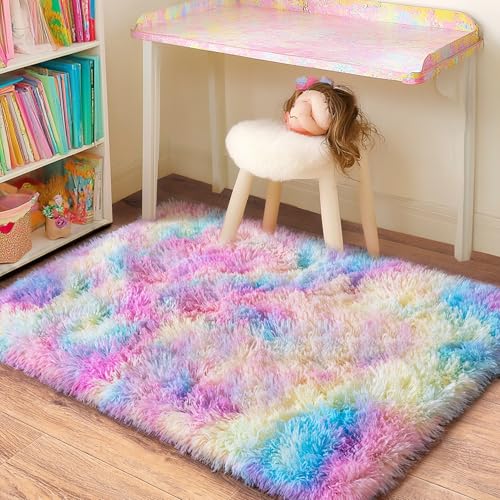 Small Area Rug, 2x3 Rainbow Rug for Bedroom Shaggy Throw Rugs for Girls Room, Soft Carpet for Kids Room, Plush Non-Slip Fluffy Bedside Rug for Living Room Nursery Dorm Home Decor