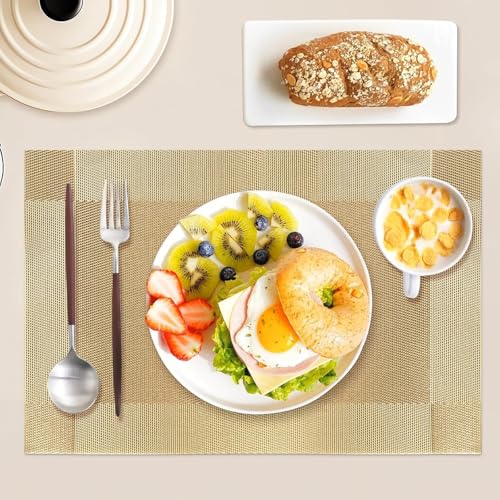 Image of Heat Resistant Table Placemats Set of 4 | Washable Dining Table Mats for Kitchen & Home Decor | Non-Slip, Waterproof, Easy to Clean PVC Woven Placemats for Dining Table (Golden Beige)