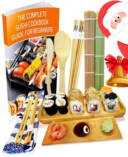 Kit de fabricación de sushi de 11 piezas – Alfombrilla de bambú para sushi y juego de servir – Haz tu propio sushi en casa – 2 alfombrillas, 5 pares de palillos con bolsa, pala, esparcidor, plato de