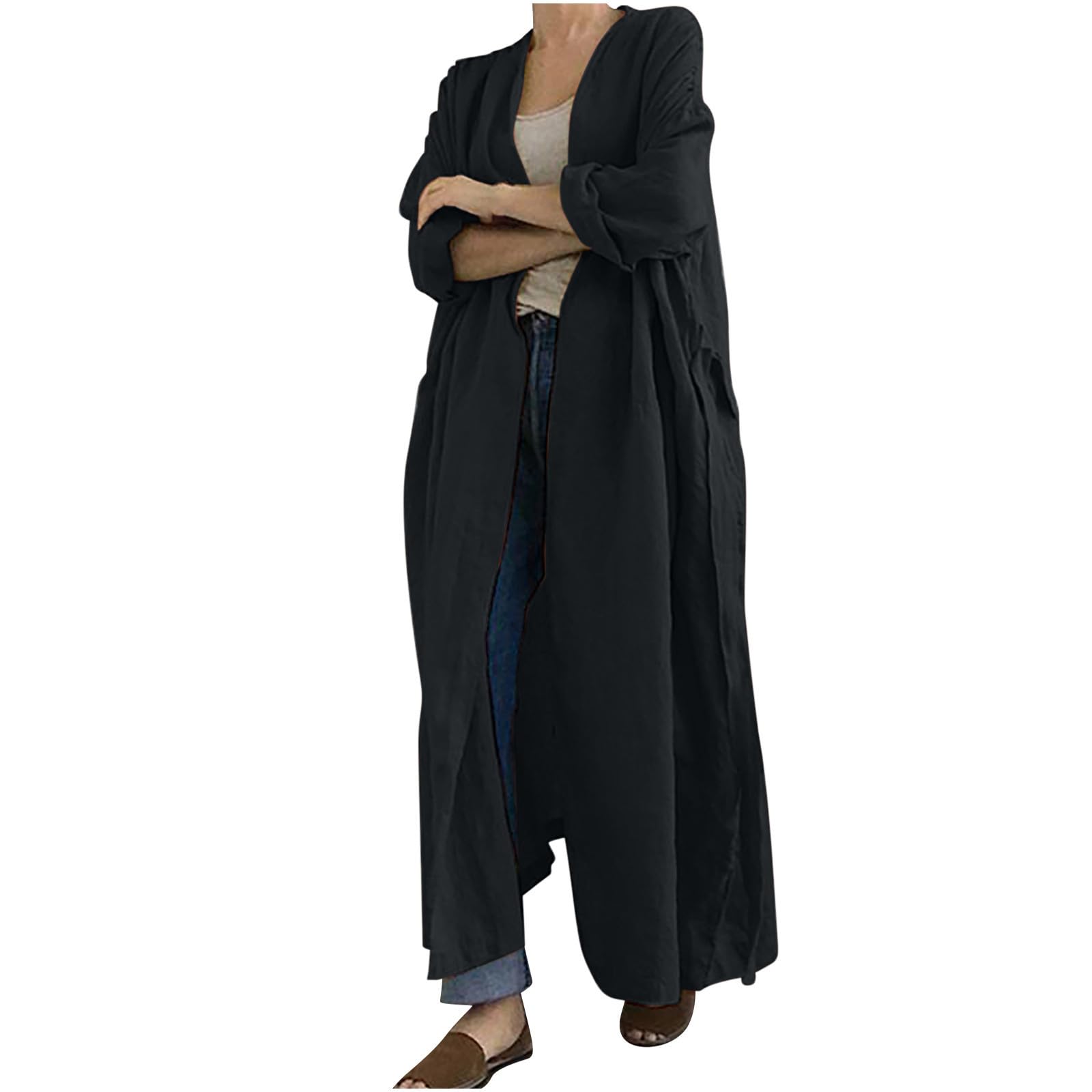 XUNRYAN Cardigan Ouvert Sur Le Devant En Lin Pour Femme, Veste Longue, Chemise, Manteau, Kimono De Détente, Vêtement D'extérieur Tendance Pour L'automne, Noir/blanc, Petit
