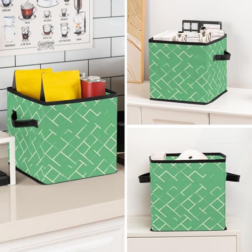Boîte de rangement pliable verte cube géométrique avec poignées en cuir pour placard - 8