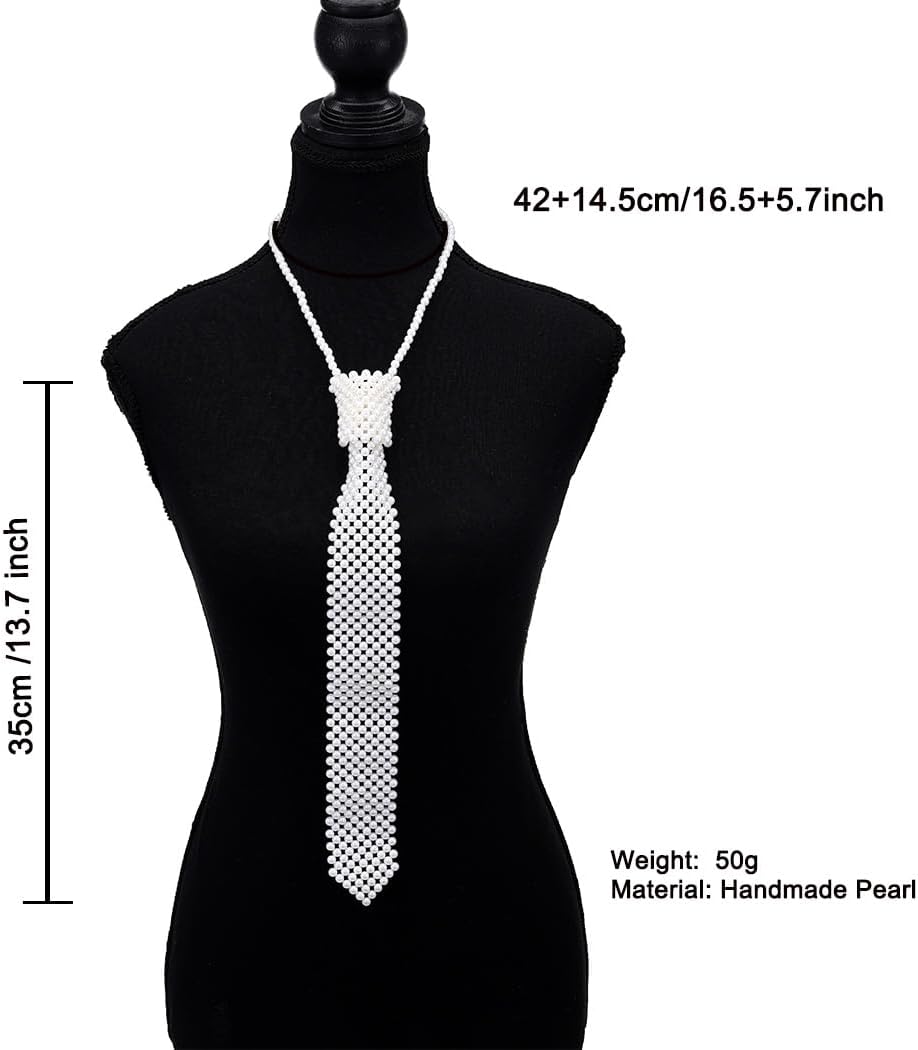 Pearl Tie Necklace White Pearls Necklaces Faux Weaving Necktie Beaded Collar Necklace Pearl Scarf Tie Costume Body Accessories for Women