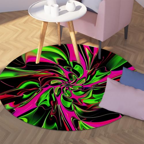 Tapis rond néon abstrait noir rose vert 60cm art moderne