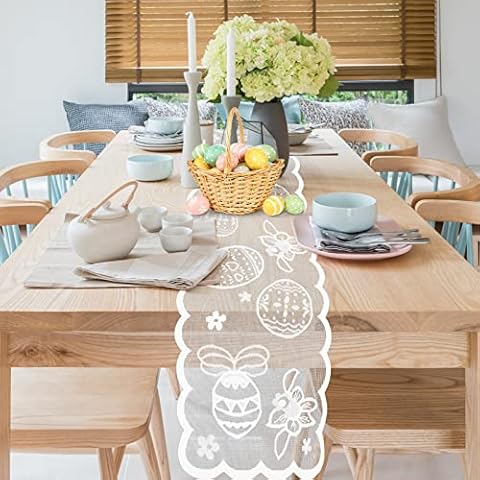WEDNOK White Lace Easter Table Runner Easter Tablecloths Table Cover with Egg Carrot Spring Flower Pattern for Easter Party Table Decor Dining Hotel Home Decoration Supplies(33x183cm) Cover