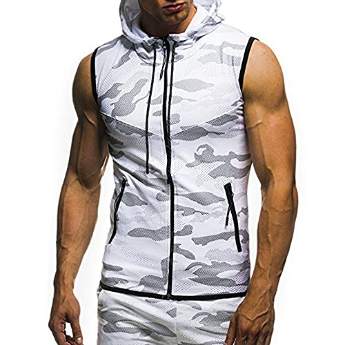 Men Full Zip Sleeveless Hoodie - Gym Bodybuilding Camouflage Print Slim Fit Hooded Tank Tops Sport Workout Muscle Vest Blouse #TOP2