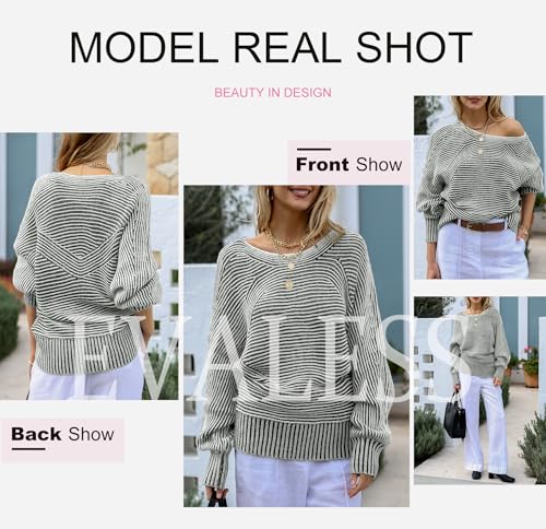 Image of EVALESS Striped Sweaters for Women Boat Neck Batwing Sleeve Oversized Pullover Sweater Tops Womens Fall Clothes Outfits