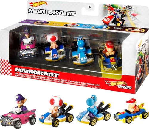 Hot Wheels GXX98 - Mario Kart-Fahrzeug (4er-Pack), Set mit 4 beliebten Figuren, darunter 1 exklusives Modell, Spielzeug ab 3 Jahren