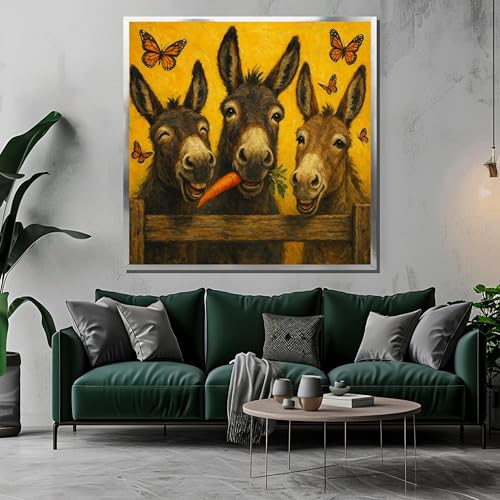 TONGYINLI Esel-Poster und -Drucke, Bild: Drei Esel teilen sich eine Karotte, Leinwandbild mit fröhlichen Schmetterlingen für die Wandgestaltung im Landhausstil (45x45cm/Rahmenlos)