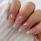 IQXGE Medium Almond Press on Nails French Tip Full Cover False Fake Nails Press ons Diamonds Glitter Stick on Nail Nude Acrylic Fake Nail with Golden Line Shiny Artificial 24Pcs Reusable for Women